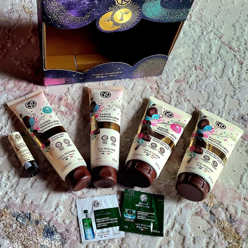 Yves Rocher set 5 Karite sampoo,body lotion, scrub, shoewer gel,lip balm new box